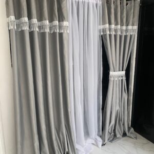 Cortinas de Jacquard Rústico con Olán terminación Guipure, diseño Aros. 4.25x2.25 - Gris Plata